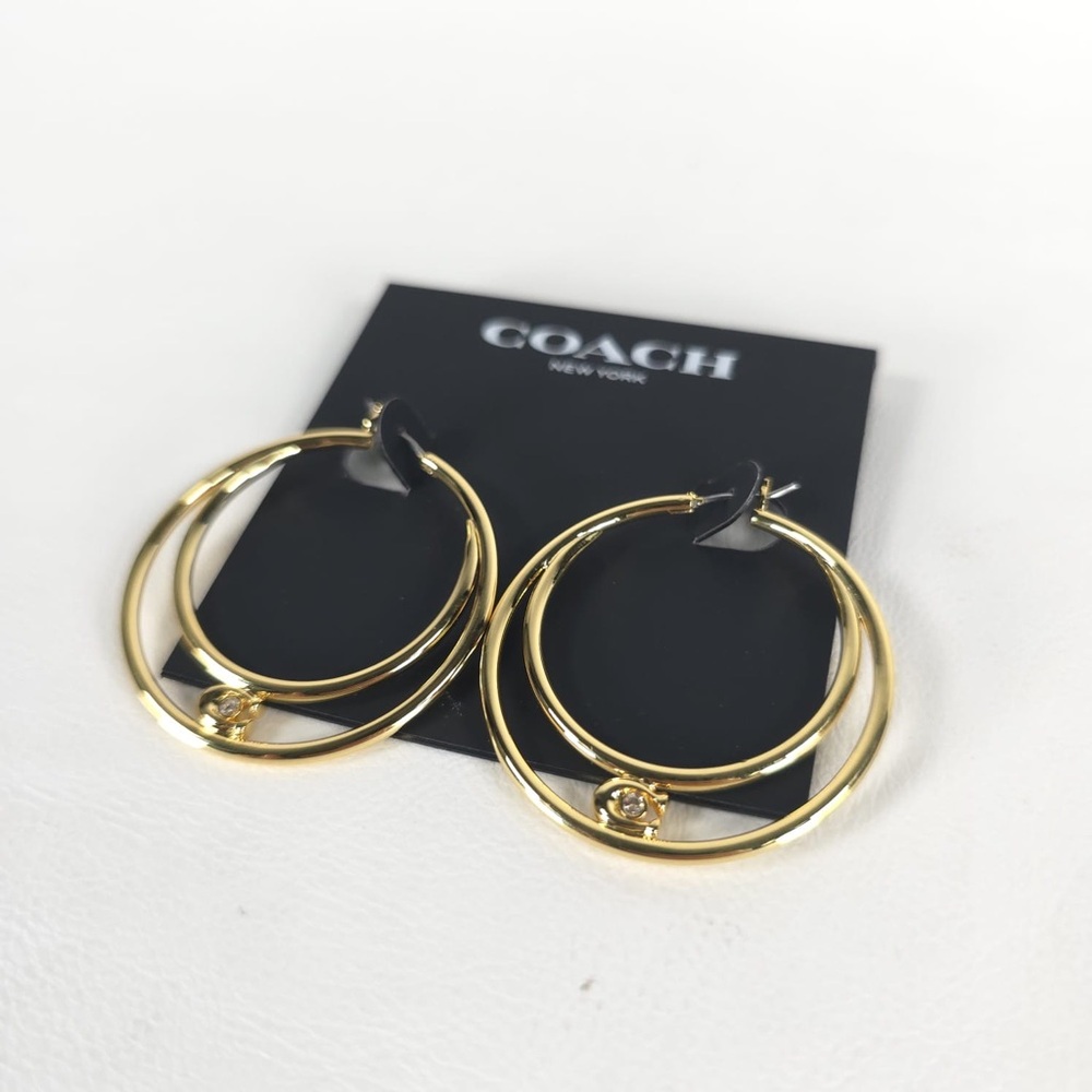 NWT COACH Women's Signature Double Hoop Gold Earrings with Cubic Zirconia Detail - Picture 9 of 13